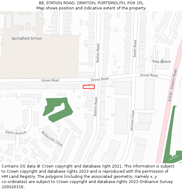 88, STATION ROAD, DRAYTON, PORTSMOUTH, PO6 1PL: Location map and indicative extent of plot