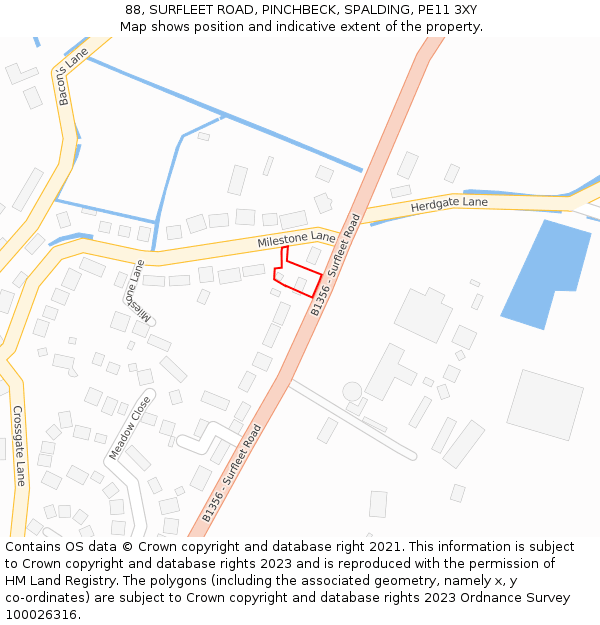 88, SURFLEET ROAD, PINCHBECK, SPALDING, PE11 3XY: Location map and indicative extent of plot