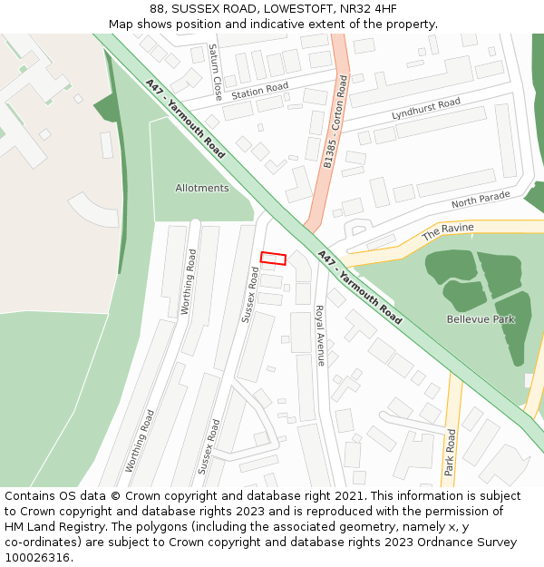 88, SUSSEX ROAD, LOWESTOFT, NR32 4HF: Location map and indicative extent of plot