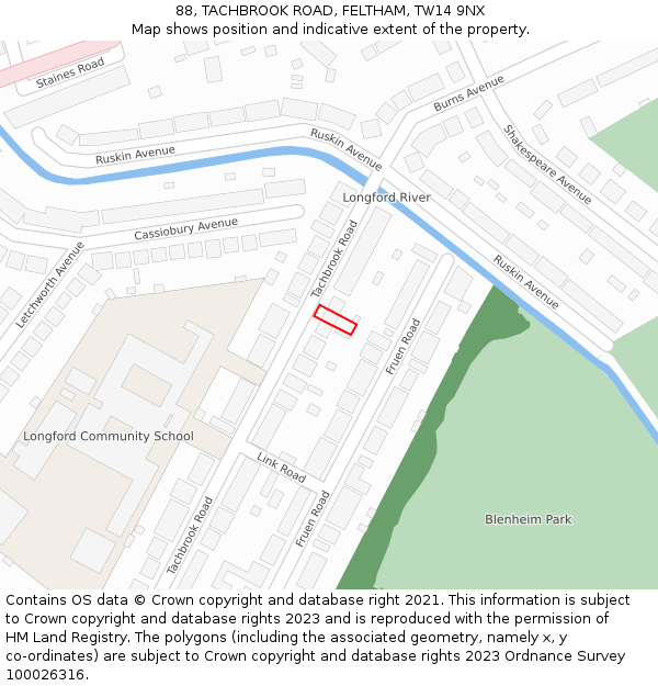 88, TACHBROOK ROAD, FELTHAM, TW14 9NX: Location map and indicative extent of plot