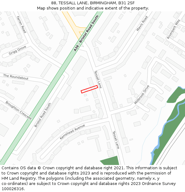 88, TESSALL LANE, BIRMINGHAM, B31 2SF: Location map and indicative extent of plot