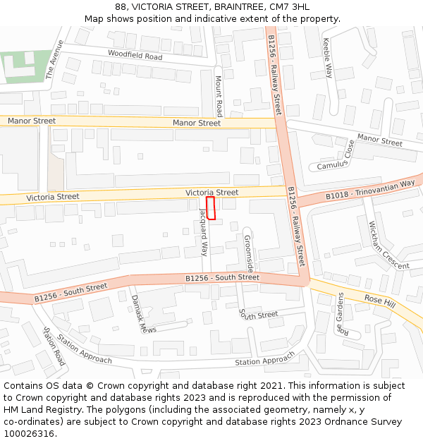 88, VICTORIA STREET, BRAINTREE, CM7 3HL: Location map and indicative extent of plot