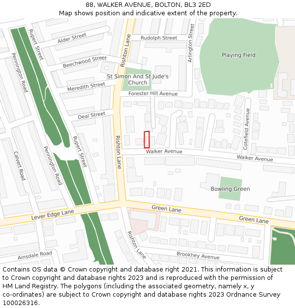 88, WALKER AVENUE, BOLTON, BL3 2ED: Location map and indicative extent of plot