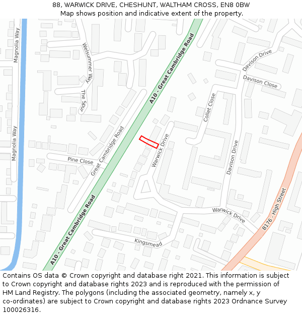 88, WARWICK DRIVE, CHESHUNT, WALTHAM CROSS, EN8 0BW: Location map and indicative extent of plot