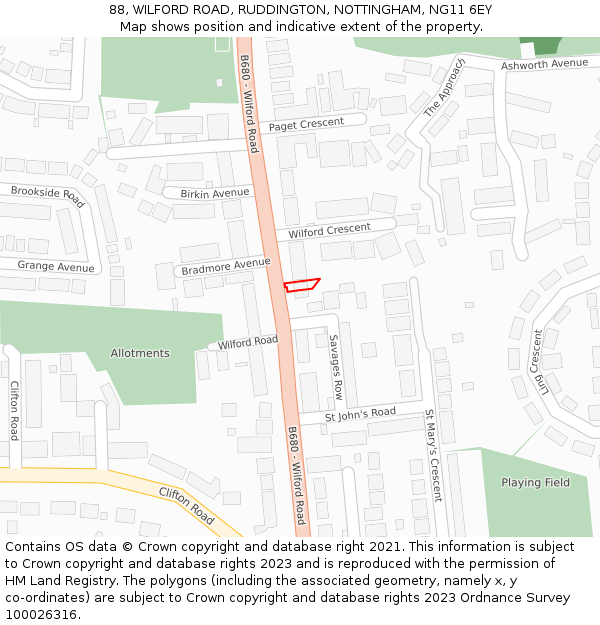 88, WILFORD ROAD, RUDDINGTON, NOTTINGHAM, NG11 6EY: Location map and indicative extent of plot