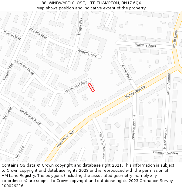 88, WINDWARD CLOSE, LITTLEHAMPTON, BN17 6QX: Location map and indicative extent of plot