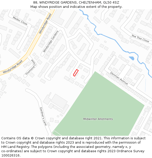 88, WINDYRIDGE GARDENS, CHELTENHAM, GL50 4SZ: Location map and indicative extent of plot