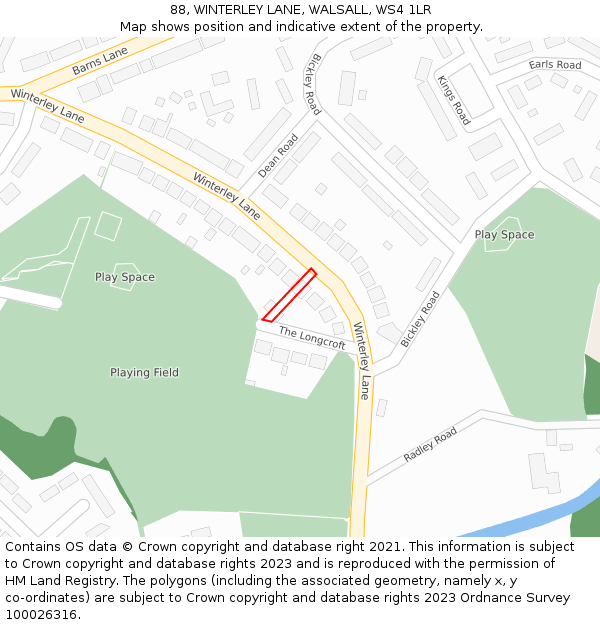 88, WINTERLEY LANE, WALSALL, WS4 1LR: Location map and indicative extent of plot