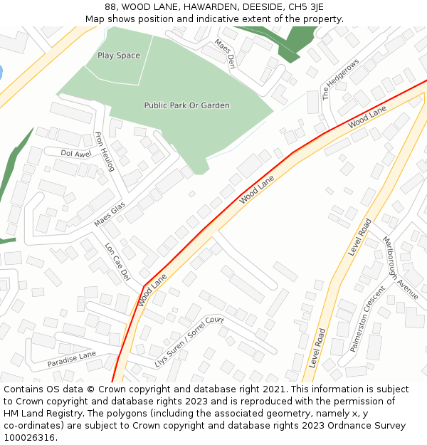 88, WOOD LANE, HAWARDEN, DEESIDE, CH5 3JE: Location map and indicative extent of plot