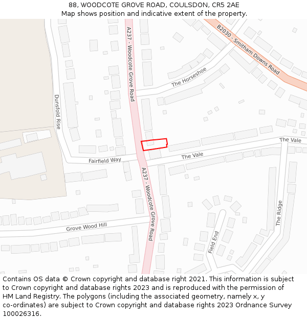 88, WOODCOTE GROVE ROAD, COULSDON, CR5 2AE: Location map and indicative extent of plot