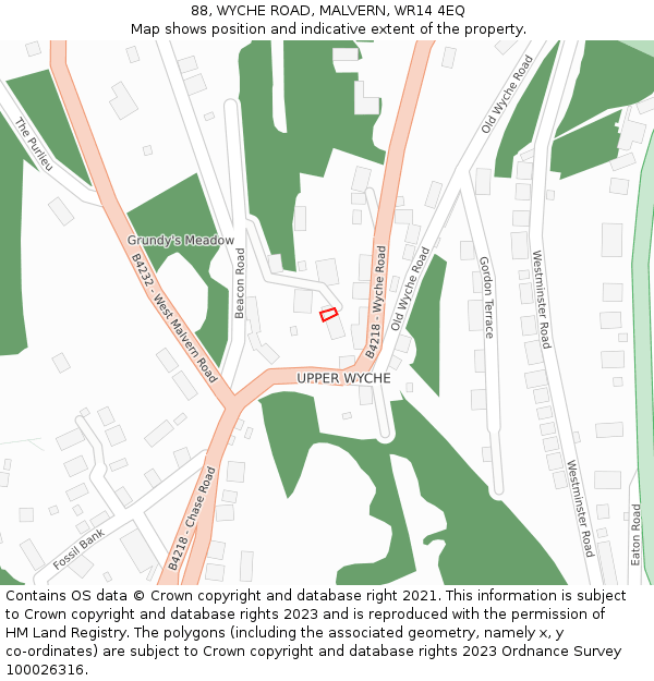 88, WYCHE ROAD, MALVERN, WR14 4EQ: Location map and indicative extent of plot