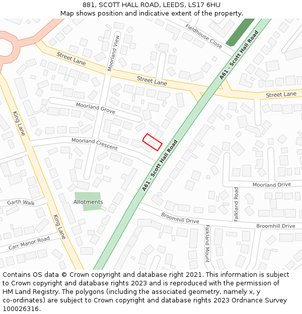 881, SCOTT HALL ROAD, LEEDS, LS17 6HU: Location map and indicative extent of plot