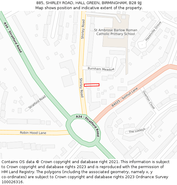 885, SHIRLEY ROAD, HALL GREEN, BIRMINGHAM, B28 9JJ: Location map and indicative extent of plot