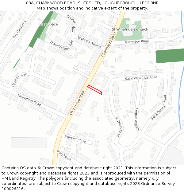 88A, CHARNWOOD ROAD, SHEPSHED, LOUGHBOROUGH, LE12 9NP: Location map and indicative extent of plot