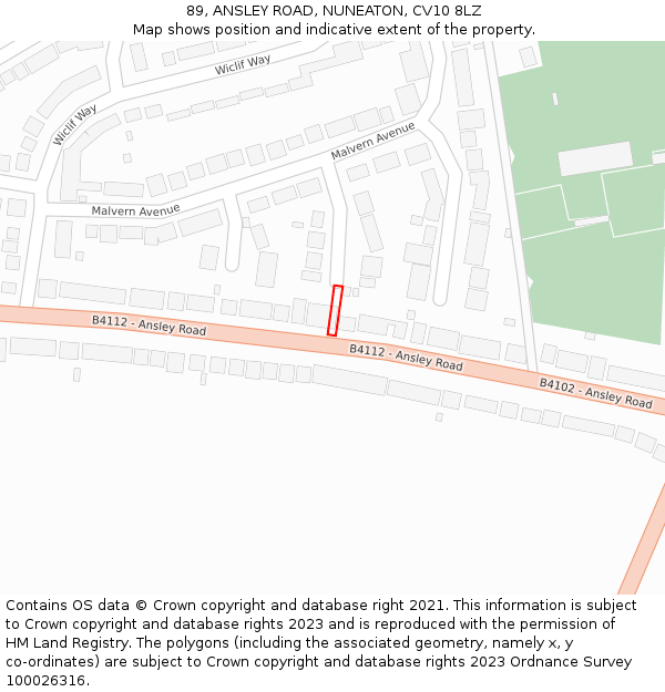 89, ANSLEY ROAD, NUNEATON, CV10 8LZ: Location map and indicative extent of plot