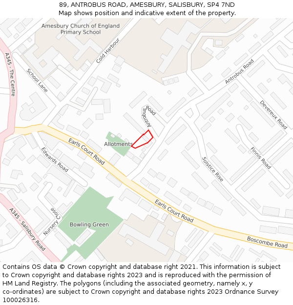 89, ANTROBUS ROAD, AMESBURY, SALISBURY, SP4 7ND: Location map and indicative extent of plot