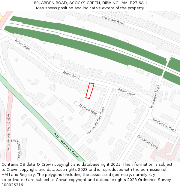 89, ARDEN ROAD, ACOCKS GREEN, BIRMINGHAM, B27 6AH: Location map and indicative extent of plot