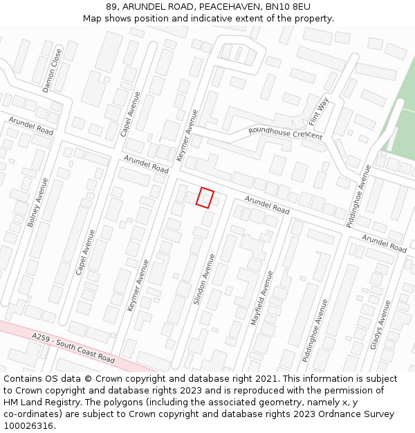 89, ARUNDEL ROAD, PEACEHAVEN, BN10 8EU: Location map and indicative extent of plot