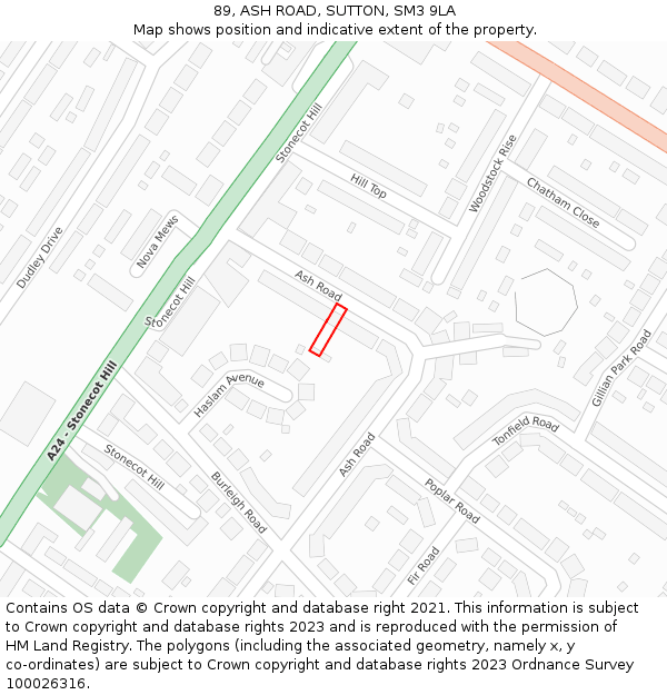 89, ASH ROAD, SUTTON, SM3 9LA: Location map and indicative extent of plot