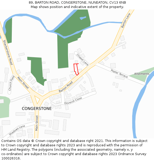 89, BARTON ROAD, CONGERSTONE, NUNEATON, CV13 6NB: Location map and indicative extent of plot