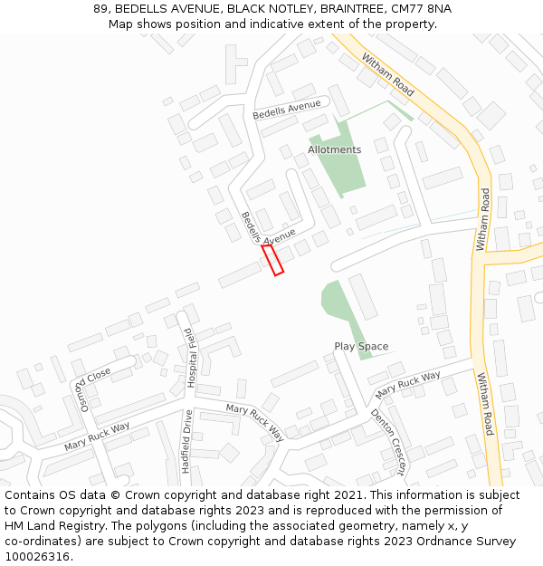 89, BEDELLS AVENUE, BLACK NOTLEY, BRAINTREE, CM77 8NA: Location map and indicative extent of plot