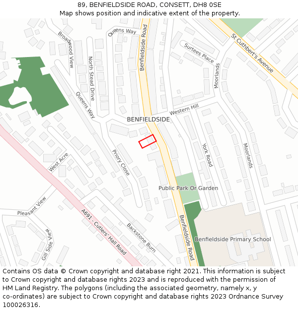 89, BENFIELDSIDE ROAD, CONSETT, DH8 0SE: Location map and indicative extent of plot