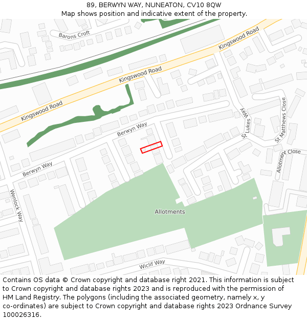 89, BERWYN WAY, NUNEATON, CV10 8QW: Location map and indicative extent of plot