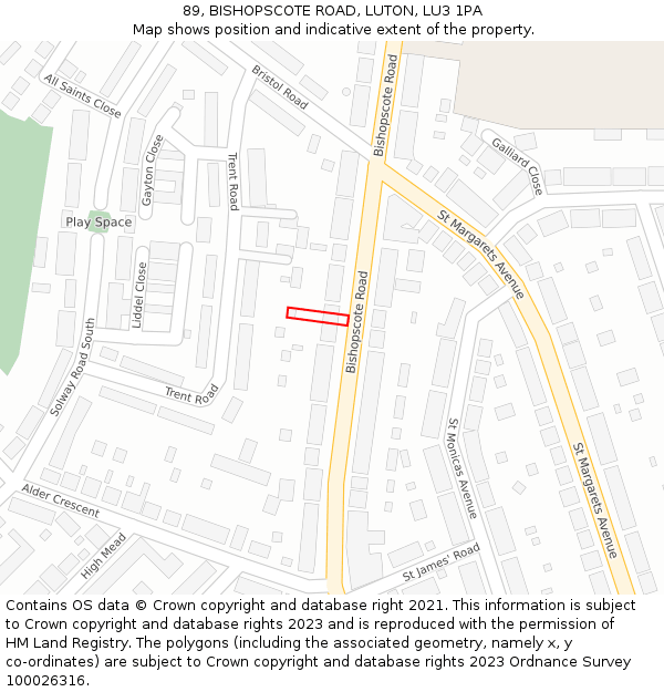 89, BISHOPSCOTE ROAD, LUTON, LU3 1PA: Location map and indicative extent of plot