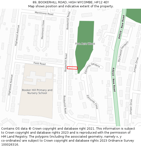 89, BOOKERHILL ROAD, HIGH WYCOMBE, HP12 4EY: Location map and indicative extent of plot