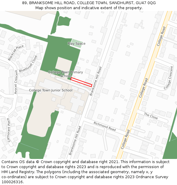 89, BRANKSOME HILL ROAD, COLLEGE TOWN, SANDHURST, GU47 0QG: Location map and indicative extent of plot