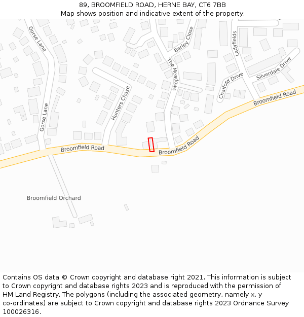 89, BROOMFIELD ROAD, HERNE BAY, CT6 7BB: Location map and indicative extent of plot