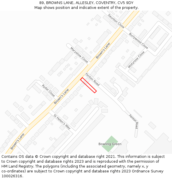 89, BROWNS LANE, ALLESLEY, COVENTRY, CV5 9DY: Location map and indicative extent of plot