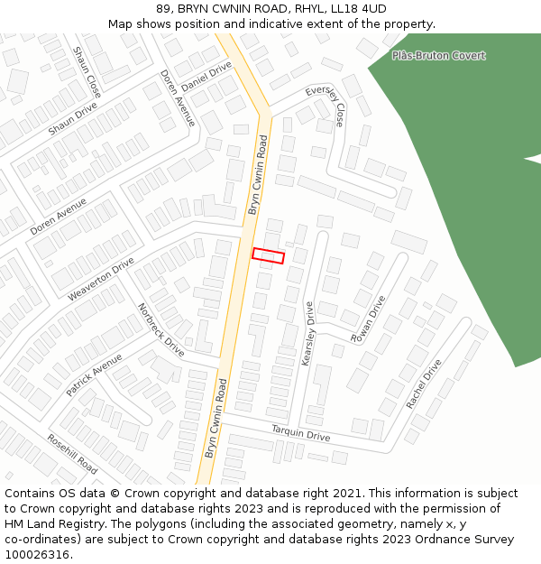 89, BRYN CWNIN ROAD, RHYL, LL18 4UD: Location map and indicative extent of plot