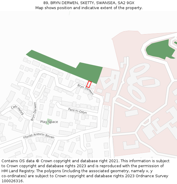 89, BRYN DERWEN, SKETTY, SWANSEA, SA2 9GX: Location map and indicative extent of plot