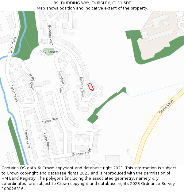 89, BUDDING WAY, DURSLEY, GL11 5BE: Location map and indicative extent of plot