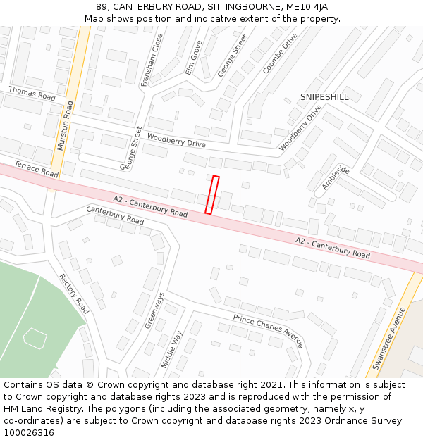 89, CANTERBURY ROAD, SITTINGBOURNE, ME10 4JA: Location map and indicative extent of plot