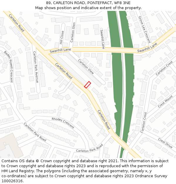 89, CARLETON ROAD, PONTEFRACT, WF8 3NE: Location map and indicative extent of plot
