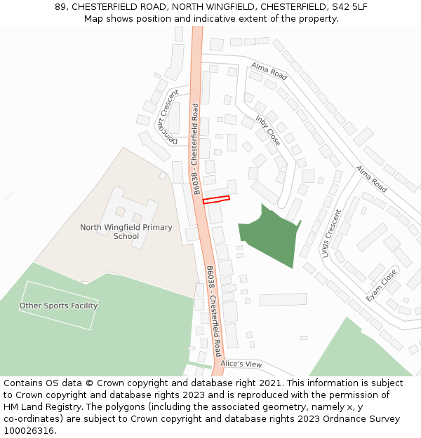 89, CHESTERFIELD ROAD, NORTH WINGFIELD, CHESTERFIELD, S42 5LF: Location map and indicative extent of plot