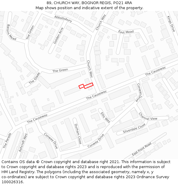 89, CHURCH WAY, BOGNOR REGIS, PO21 4RA: Location map and indicative extent of plot