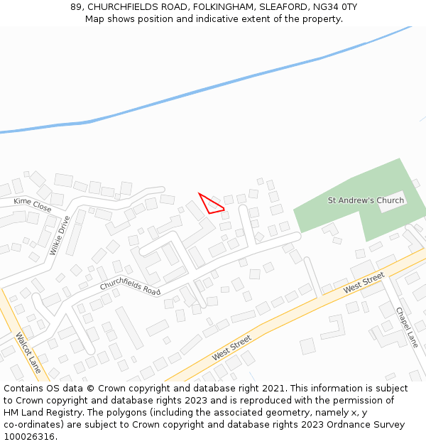 89, CHURCHFIELDS ROAD, FOLKINGHAM, SLEAFORD, NG34 0TY: Location map and indicative extent of plot