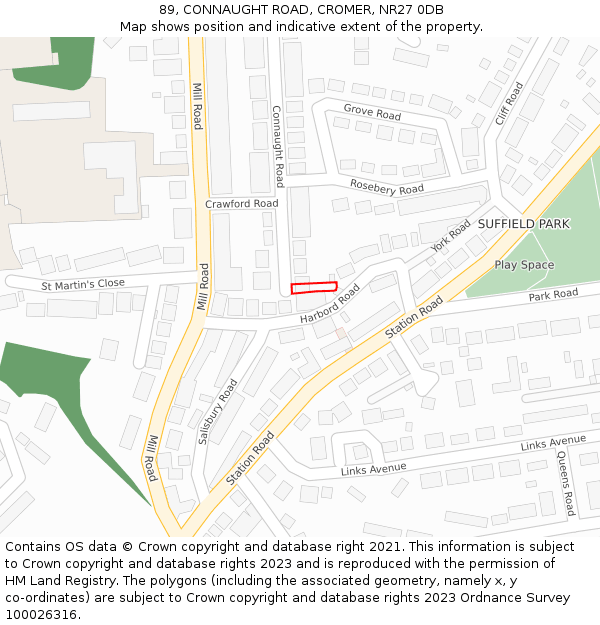 89, CONNAUGHT ROAD, CROMER, NR27 0DB: Location map and indicative extent of plot