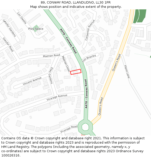 89, CONWAY ROAD, LLANDUDNO, LL30 1PR: Location map and indicative extent of plot