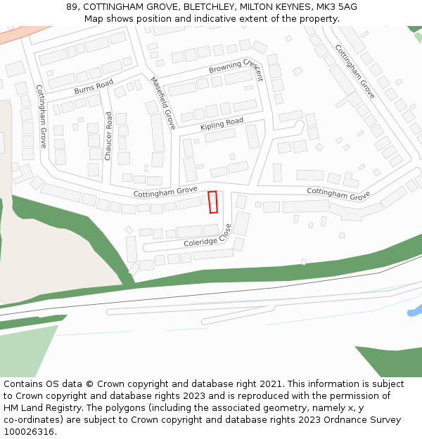 89, COTTINGHAM GROVE, BLETCHLEY, MILTON KEYNES, MK3 5AG: Location map and indicative extent of plot