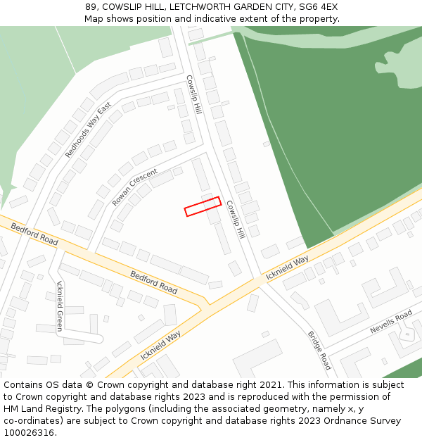 89, COWSLIP HILL, LETCHWORTH GARDEN CITY, SG6 4EX: Location map and indicative extent of plot