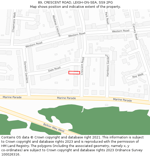 89, CRESCENT ROAD, LEIGH-ON-SEA, SS9 2PG: Location map and indicative extent of plot