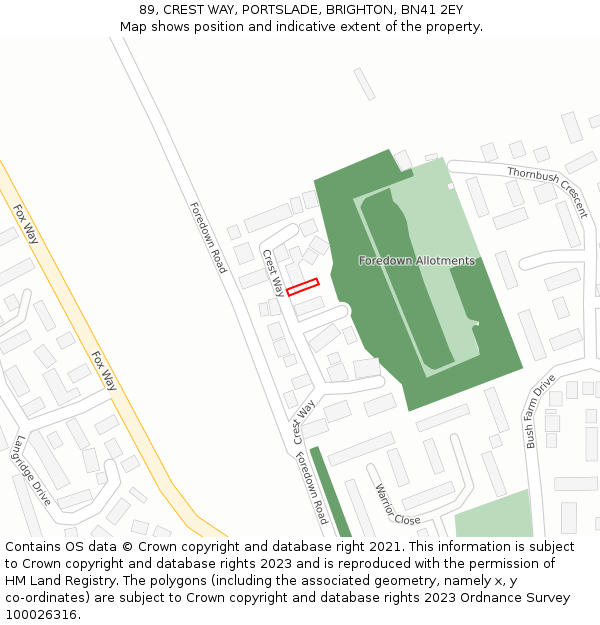 89, CREST WAY, PORTSLADE, BRIGHTON, BN41 2EY: Location map and indicative extent of plot