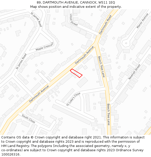 89, DARTMOUTH AVENUE, CANNOCK, WS11 1EQ: Location map and indicative extent of plot