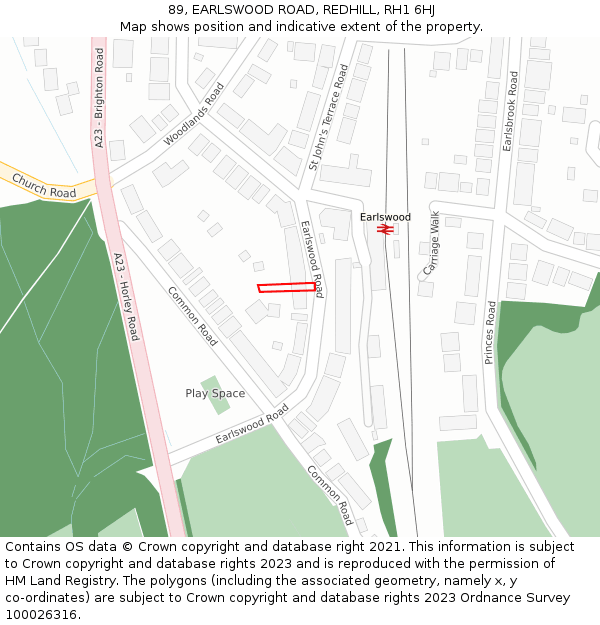 89, EARLSWOOD ROAD, REDHILL, RH1 6HJ: Location map and indicative extent of plot