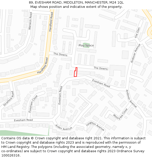 89, EVESHAM ROAD, MIDDLETON, MANCHESTER, M24 1QL: Location map and indicative extent of plot