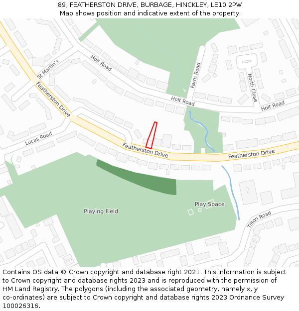 89, FEATHERSTON DRIVE, BURBAGE, HINCKLEY, LE10 2PW: Location map and indicative extent of plot